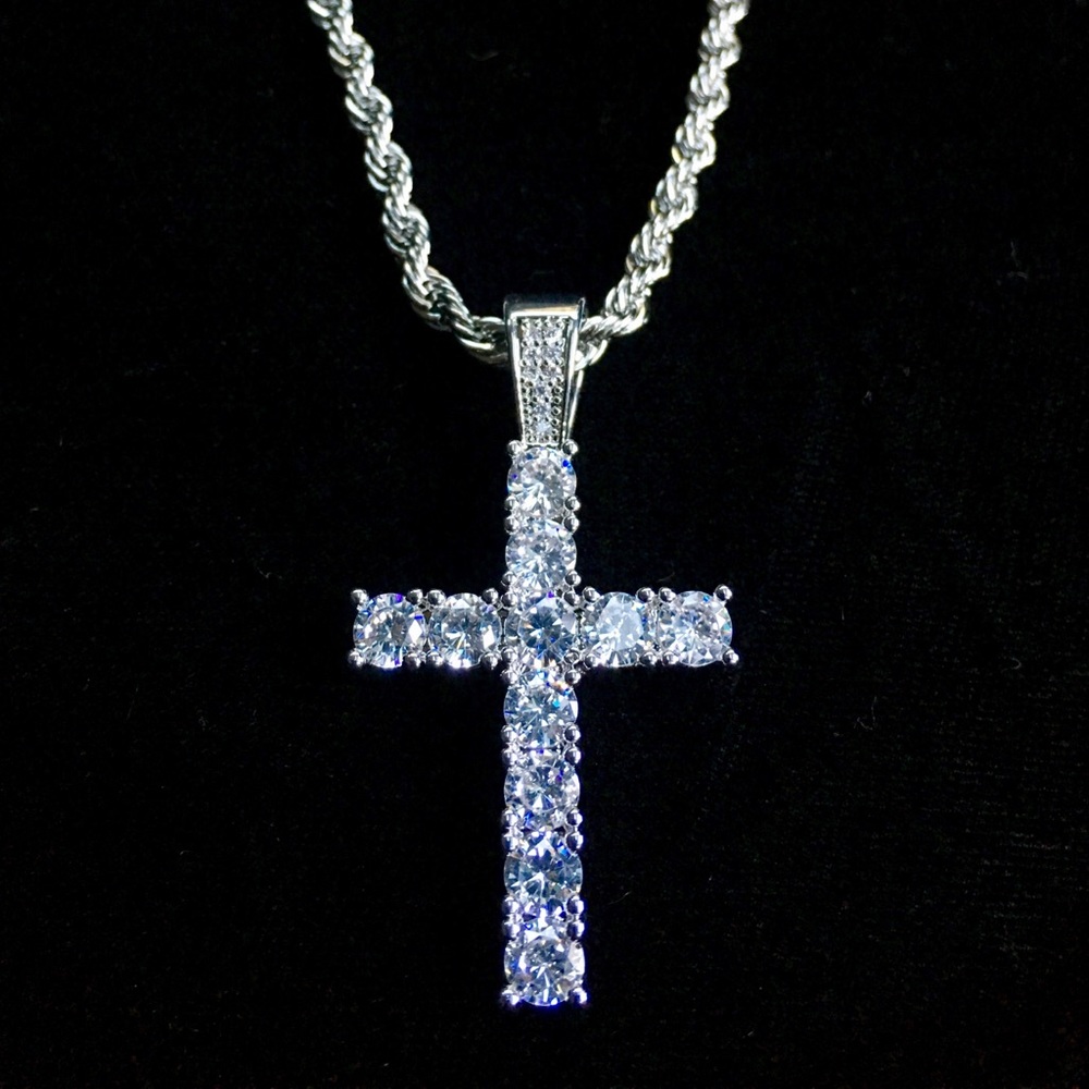 CROSS 18K WHITE GOLD DIAMONDS CZ CHAIN ITALY